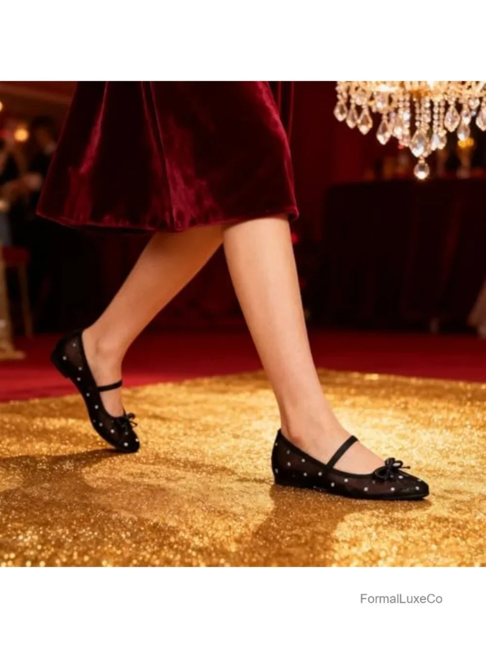 Square Toe Rhinestone Ballet Flats - Slip On Mesh Mary Jane Shoes